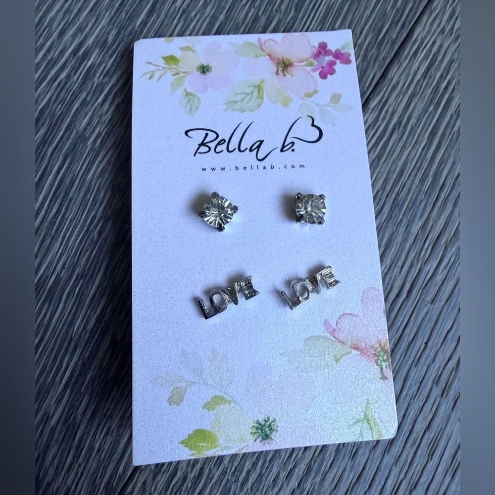 Bella B Rhinestone Stud & Love Word Earrings Duo Set